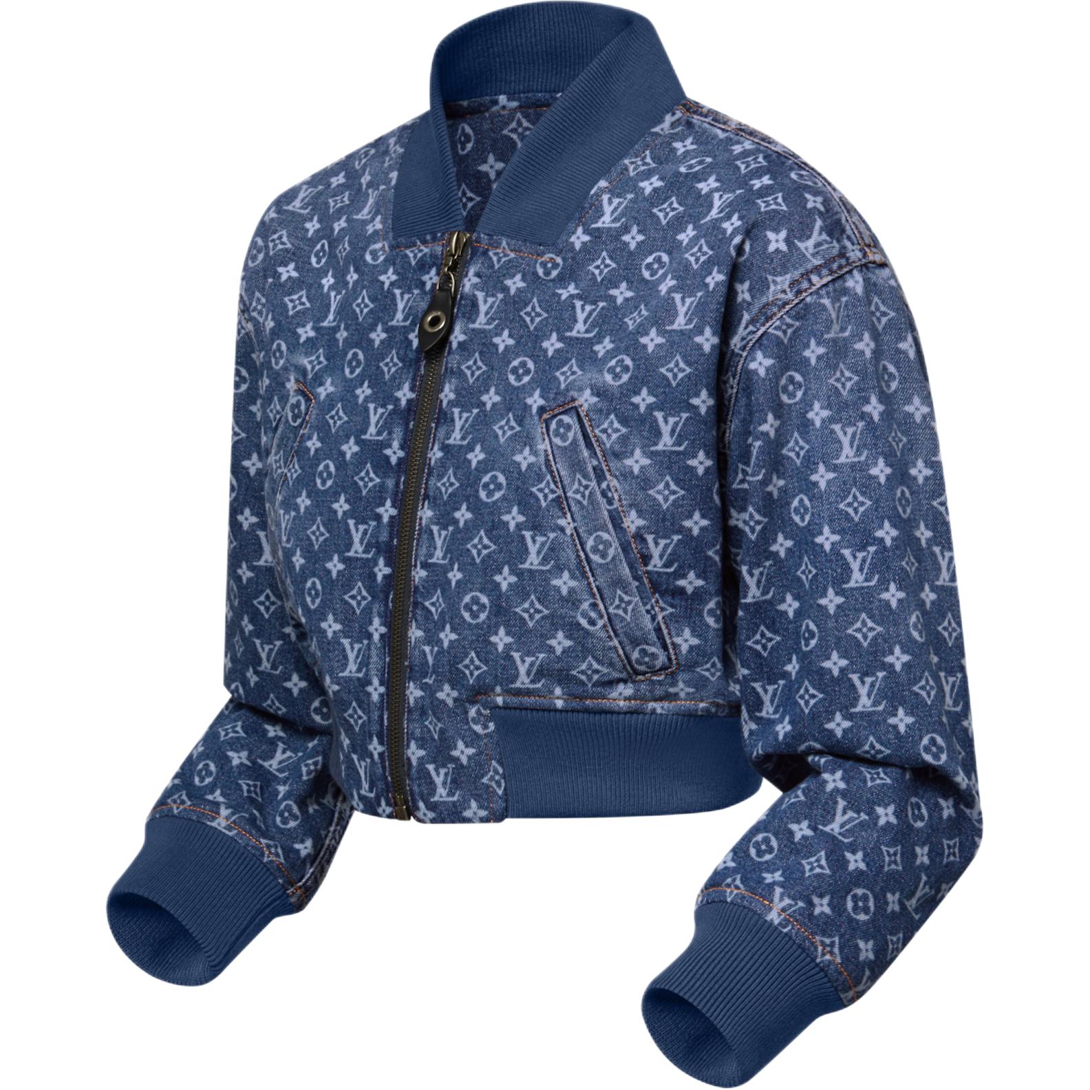 Shop (Women) LOUIS VUITTON SS25 Monogram Denim Cropped Aviator Jacket 1AI176