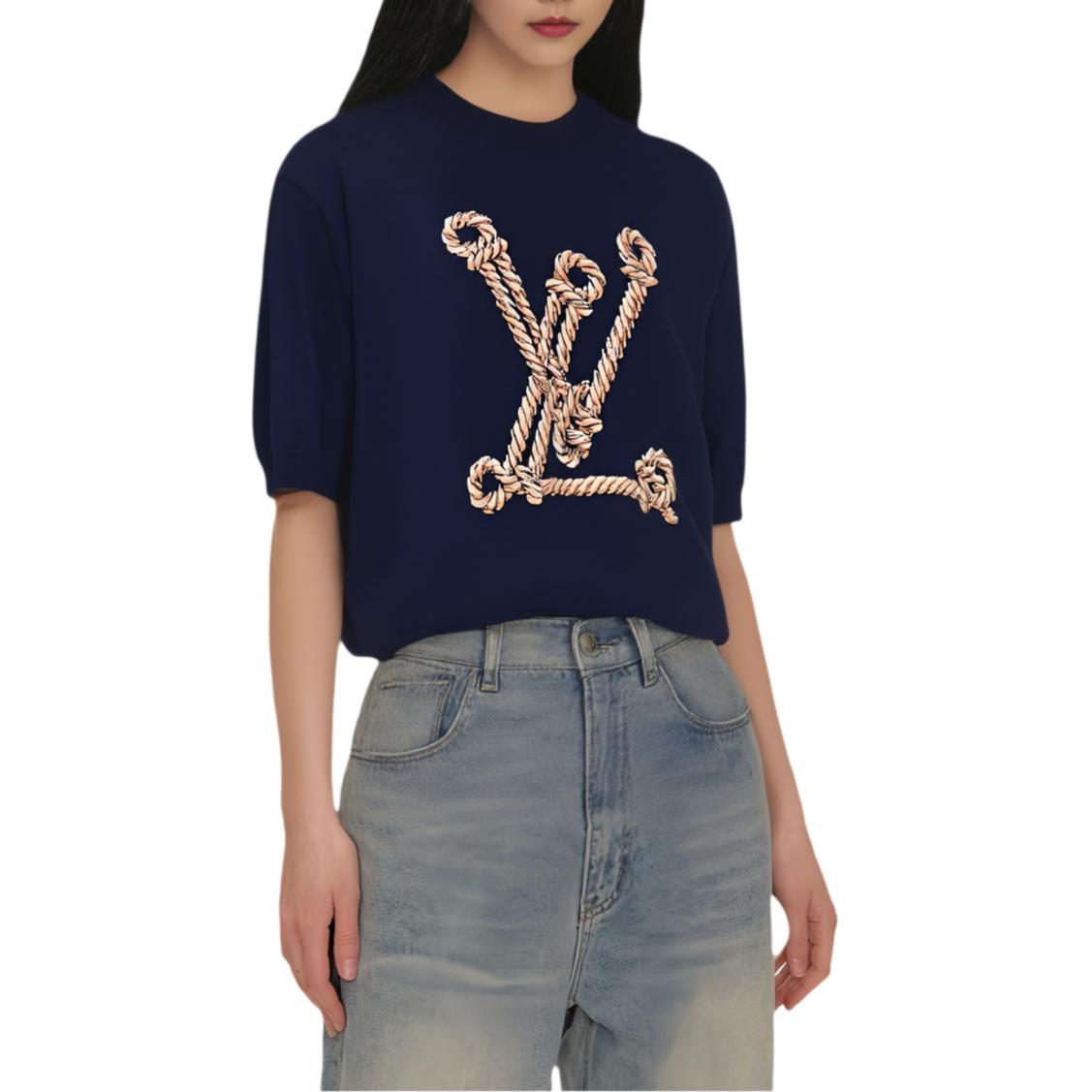 (Women) LOUIS VUITTON SS25 Nautical Knit Crewneck Short Sleeve Sweater Navy Blue 1AHJD4 圖 5