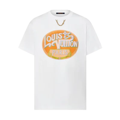 (Women) LOUIS VUITTON SS25 Paris Travel Chain Print Crewneck White Tee Women. 1AHISY