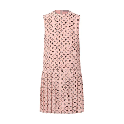(Women) LOUIS VUITTON SS25 Pink Washed Pattern Pleated Zipper Sleeveless Dress Women 1AIAPU