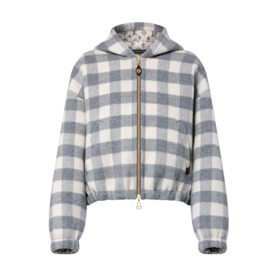 (Women) Louis Vuitton SS25 Reversible Plaid Zip Hoodie Jacket Grey 1AGPEO