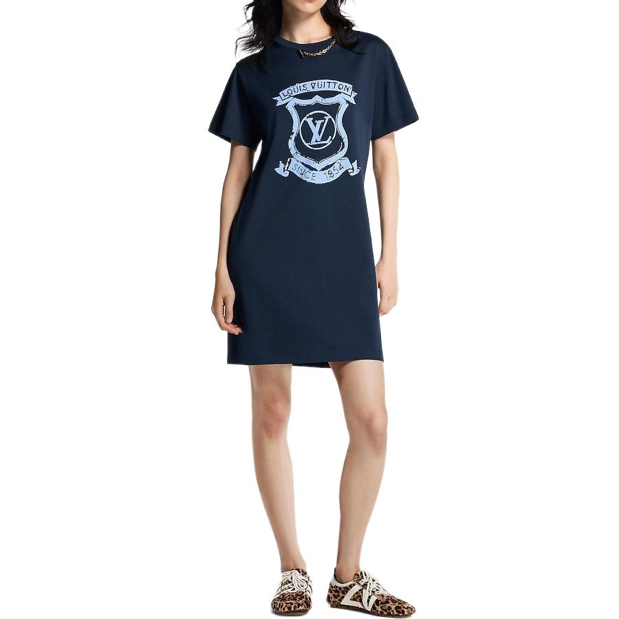 Shop (Women) LOUIS VUITTON SS25 Shield Logo Print Crew Neck Short Sleeve Dress Women 1AI392