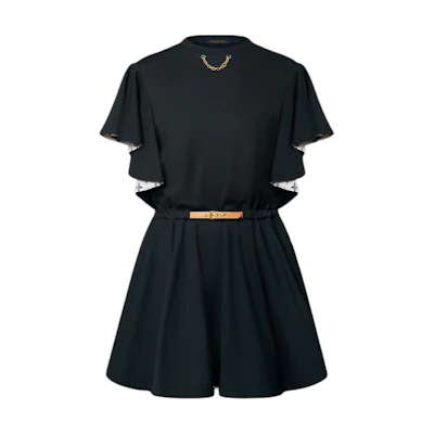(Women) LOUIS VUITTON SS25 Solid Ruffle Sleeve Tie Short Dress Women Black 1AGOR2