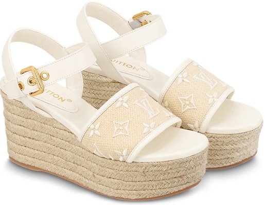 路易威登 Starboard 棉布 坡跟搭扣 時尚涼拖 4cm 女款 米色 Order 路易威登 Starboard 棉布 坡跟搭扣 時尚涼拖 4cm 女款 米色