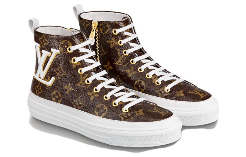 Shop LOUIS VUITTON Stellar 帆布 圓頭側拉鍊 高筒 運動鞋 女款 棕色