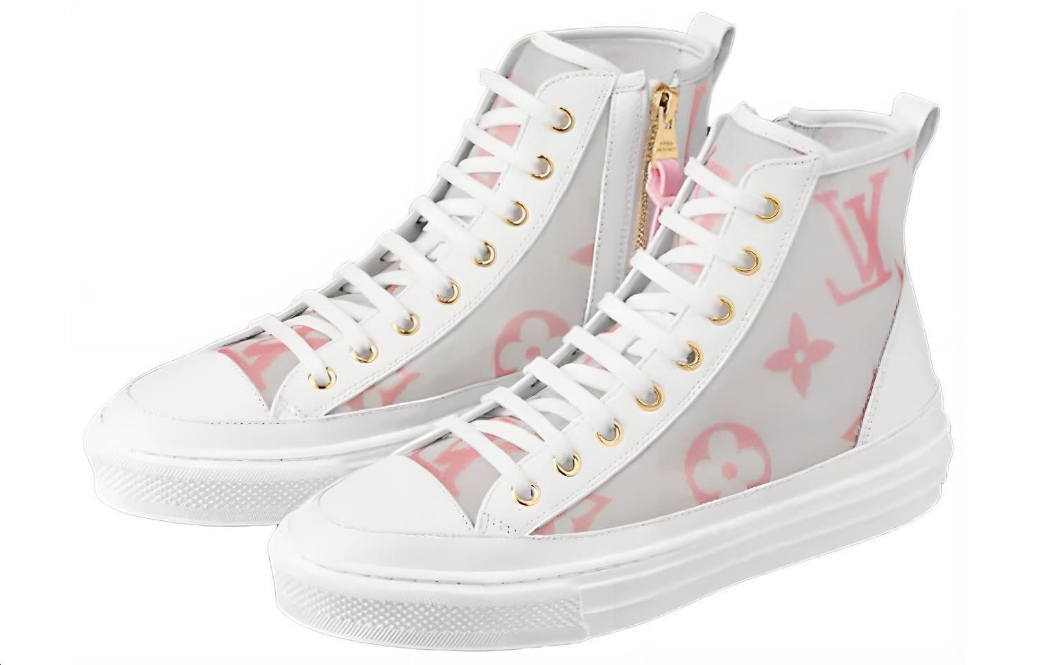 Lookbook (W) Louis Vuitton Stellar Zip Up Zapatillas Tobilleras 'Blanco Gris con Monograma Rosa' 1A87DM