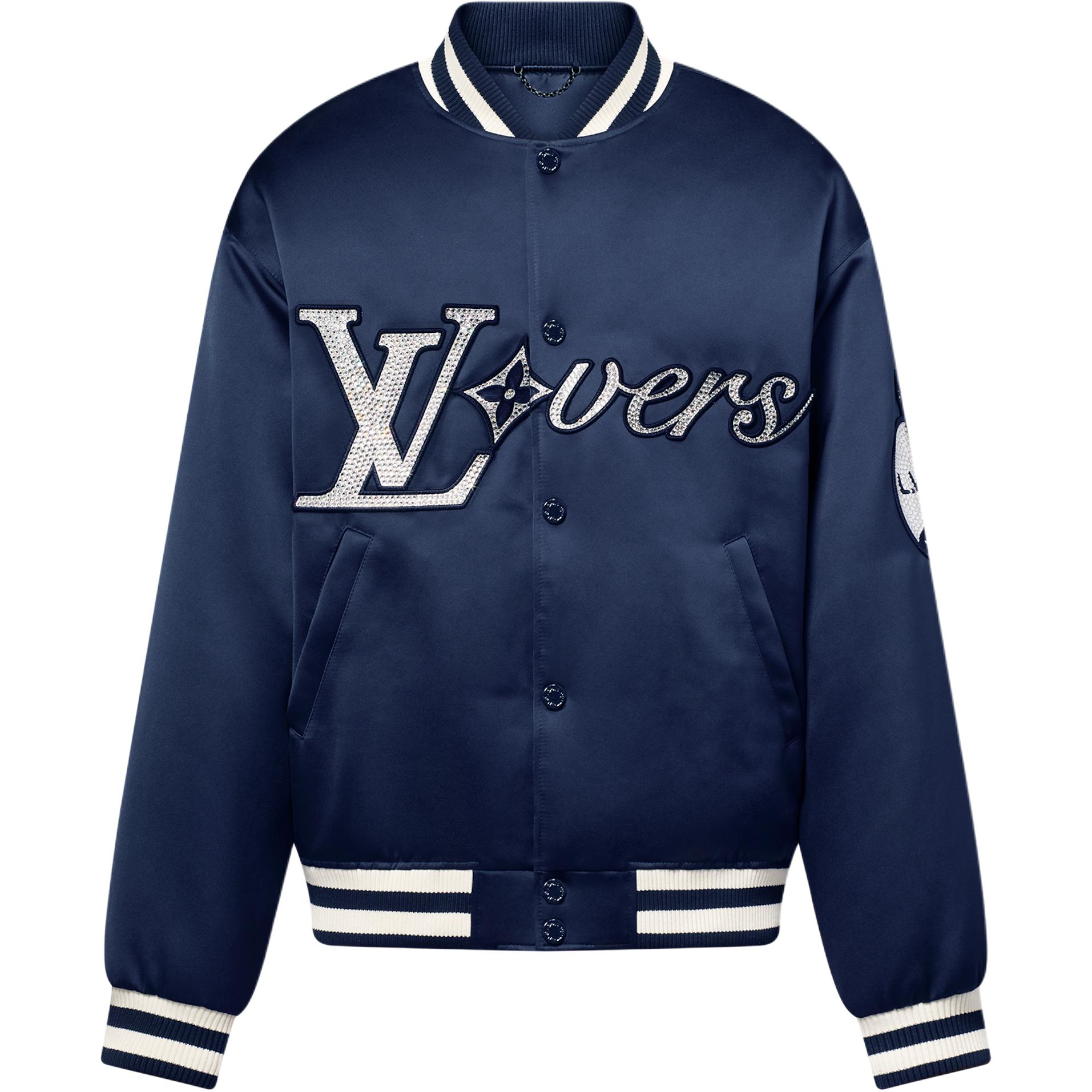 Louis Vuitton Striped Embroidered Letter Baseball Jacket Navy Blue 1AGHSY