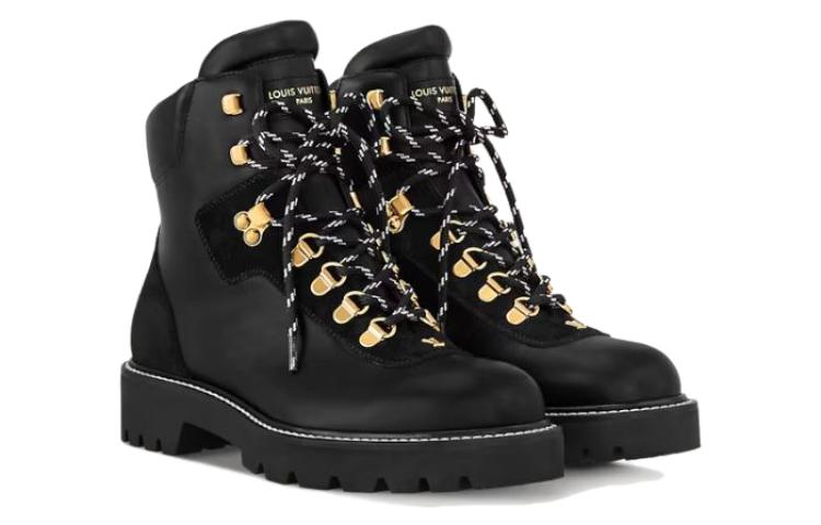 Lookbook (W) Louis Vuitton Territory Sepatu Boot Kulit Hitam Tali Selutut Bulat 1ACIBR