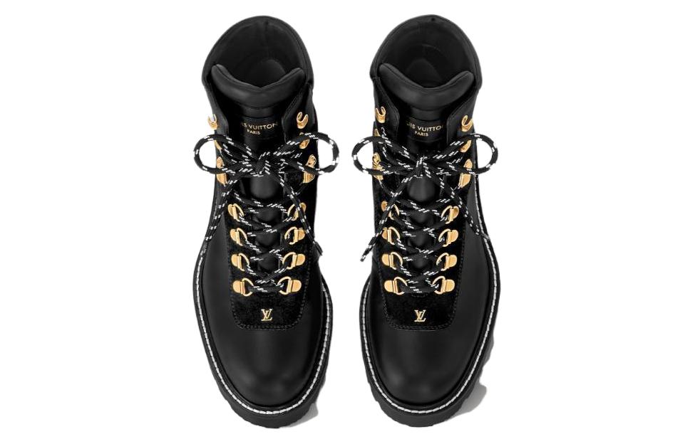 Shop (W) Louis Vuitton Territory Sepatu Boot Kulit Hitam Tali Selutut Bulat 1ACIBR