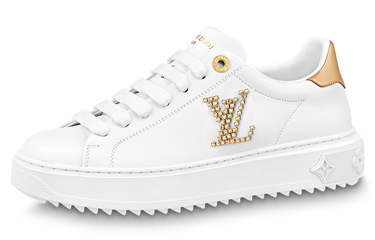 (Women) Louis Vuitton Time Out Sneakers 'White with Gold Rhinestone Logo' 1AAW0C