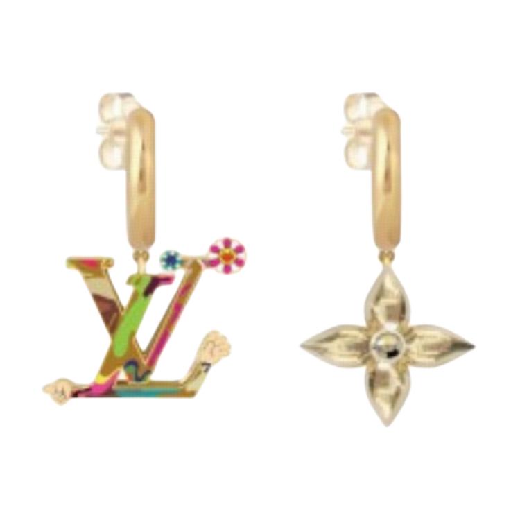 (Women) LOUIS VUITTON x Takashi Murakami Asymmetrical Gold Logo Stud Earrings Women M02506
