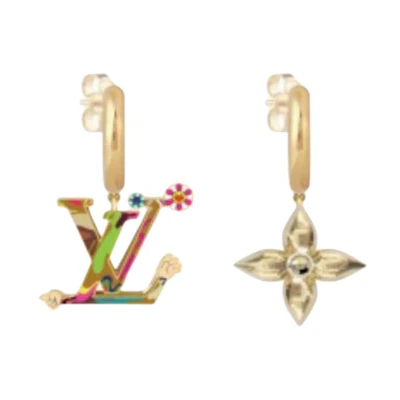 (Women) LOUIS VUITTON Takashi Murakami Asymmetrical Gold Logo Stud Earrings Women M02506