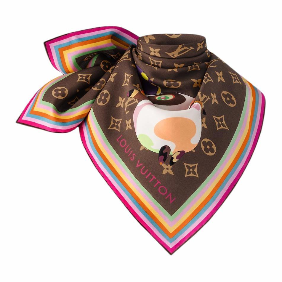 (Women) LOUIS VUITTON Takashi Murakami Panda Silk Scarf Brown  Edition M96274 圖 3
