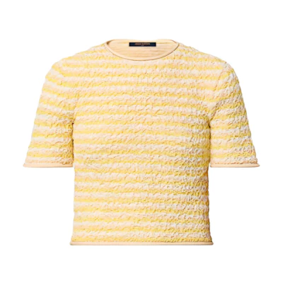 (Women) LOUIS VUITTON Yellow Striped Knit Short Sleeve T-Shirt SS23 Casual Tee 1ABDYC