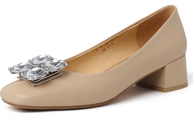 (Women) Luiza Barcelos 'Apricot Suede Crystal Buckle Square Toe High Heels' XWP1SK0211 Buy (Women) Luiza Barcelos 'Apricot Suede Crystal Buckle Square Toe High Heels' XWP1SK0211