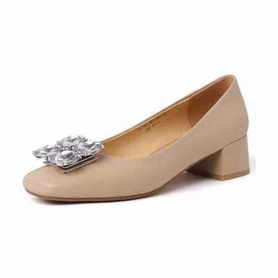(W) Luiza Barcelos 'Apricot Suede Crystal Buckle Square Toe High Heels'