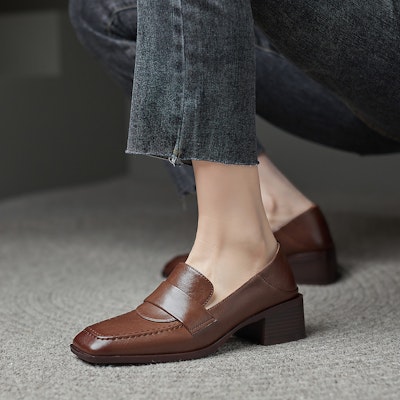 Luiza Barcelos 皮革 簡約一字扣式 粗跟 高跟鞋 4.5cm 女款 棕色 Details for Luiza Barcelos 皮革 簡約一字扣式 粗跟 高跟鞋 4.5cm 女款 棕色