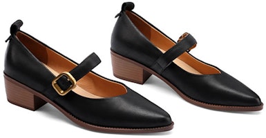 Luiza Barcelos 牛皮革尖頭一字帶搭扣粗跟高跟鞋 4cm 女款 2