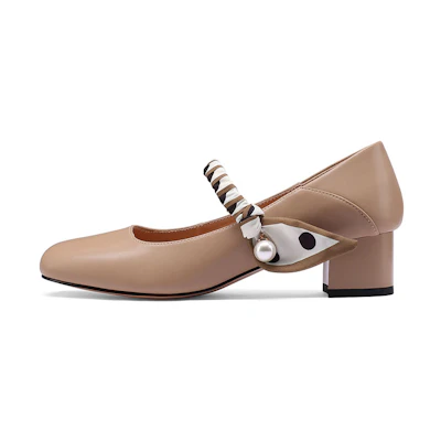 (W) Luiza Barcelos Block Heel Sandals with Pearl Charm 'Tan Leather'