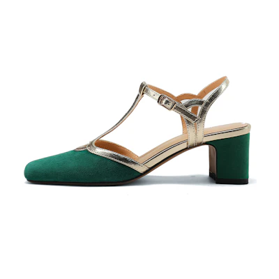 (W) Luiza Barcelos Block Heel Slingback 'Green & Gold Buckle'