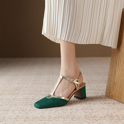 (W) Luiza Barcelos Block Heel Slingback 'Hijau & Emas Gesper' X9SK0833 Shop (W) Luiza Barcelos Block Heel Slingback 'Hijau & Emas Gesper' X9SK0833