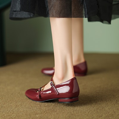 (W) Luiza Barcelos Loafer Kasual 'Burgundy Patent Double Buckle' X901915 Details for (W) Luiza Barcelos Loafer Kasual 'Burgundy Patent Double Buckle' X901915