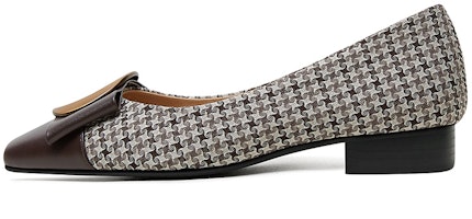 (Women) Luiza Barcelos Chunky Heel Pointed Flats 'Metal Buckle Brown Leather & Fabric' X901390 (Women) Luiza Barcelos Chunky Heel Pointed Flats 'Metal Buckle Brown Leather & Fabric' X901390