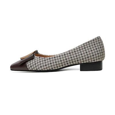 (W) Luiza Barcelos Chunky Heel Pointed Flats 'Metal Buckle Brown Leather & Fabric'