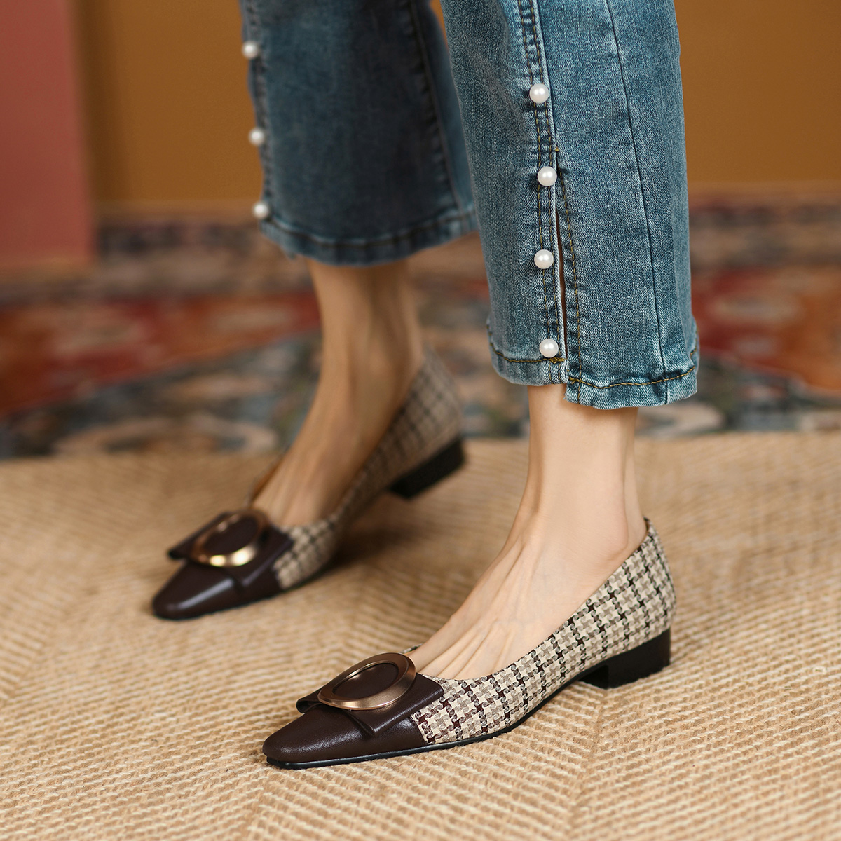 (W) Luiza Barcelos Chunky Heel Pointed Flats 'Metal Buckle Brown Leather & Fabric' 圖 6