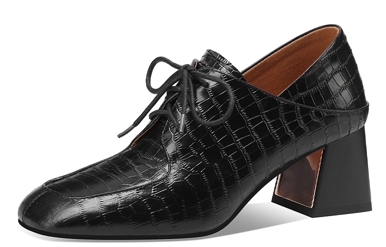 (W) Luiza Barcelos Crocodile Embossed Leather Round Toe Chunky Heel 'Black'