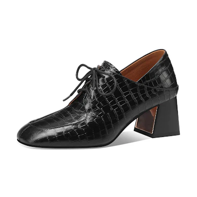 (W) Luiza Barcelos Crocodile Embossed Leather Round Toe Chunky Heel 'Black'