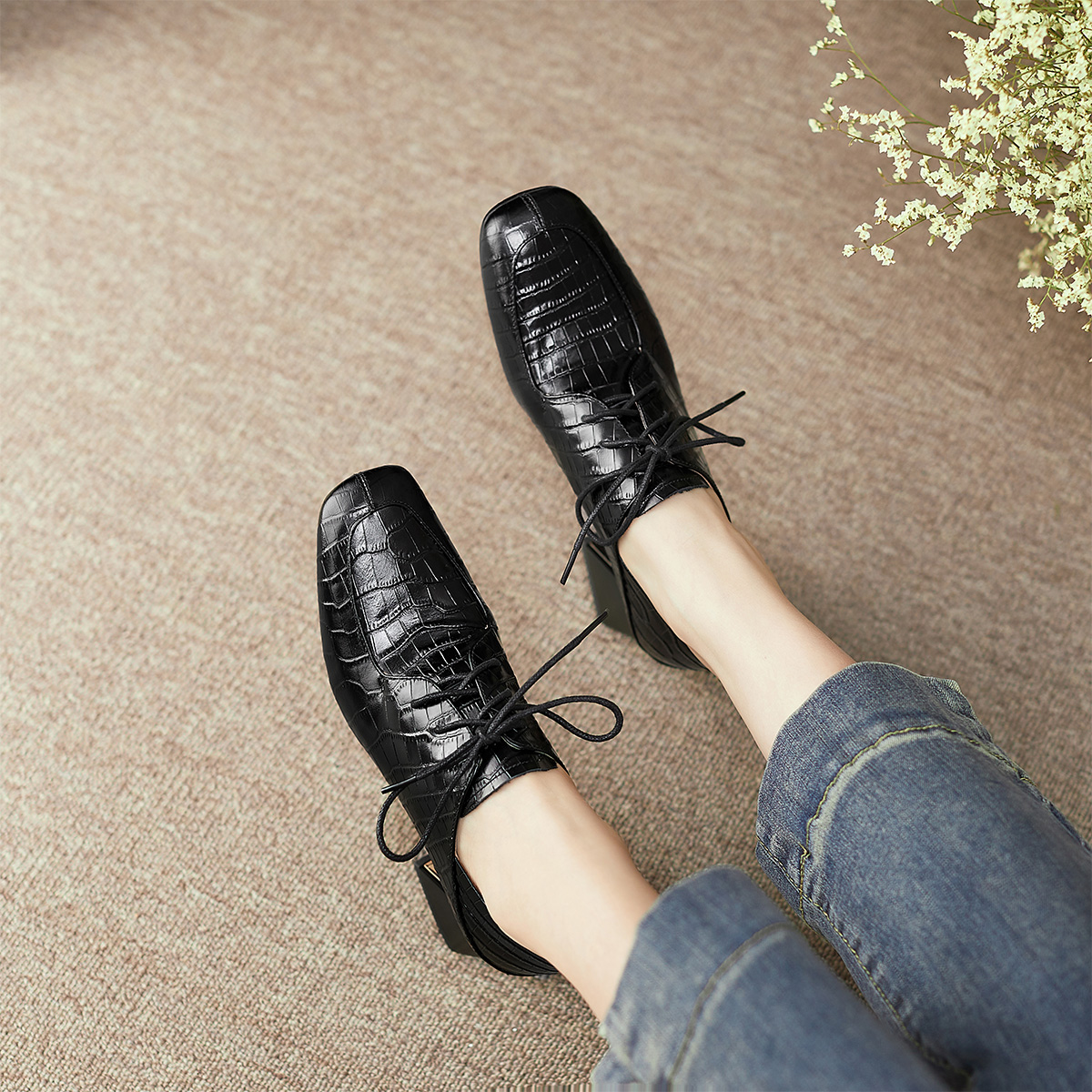 (W) Luiza Barcelos Crocodile Embossed Leather Round Toe Chunky Heel 'Black' 圖 4