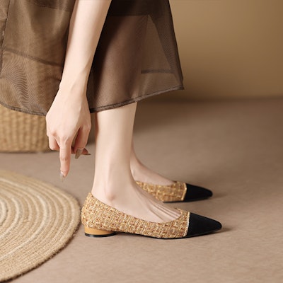 (Women) Luiza Barcelos Fabric Pointed Toe Splicing Casual Flats 'Camel Black' X901850 Purchase (Women) Luiza Barcelos Fabric Pointed Toe Splicing Casual Flats 'Camel Black' X901850