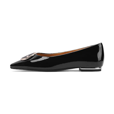 (W) Luiza Barcelos Flat 'Black Patent Simple Metal Buckle Pointed'