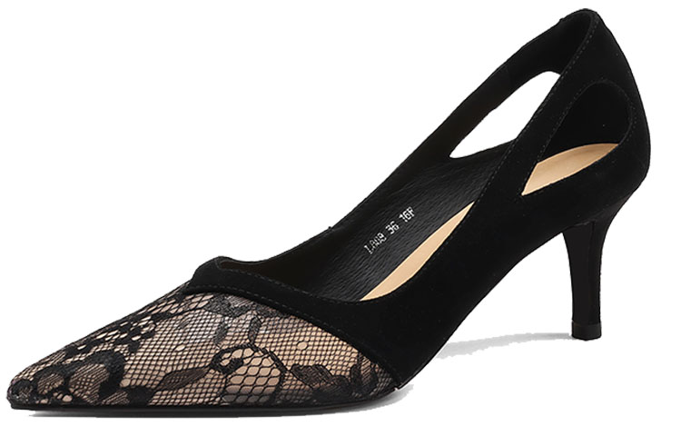 Lookbook Luiza Barcelos 羊反絨鏤空尖頭搭扣高跟鞋 6cm 女款 黑色