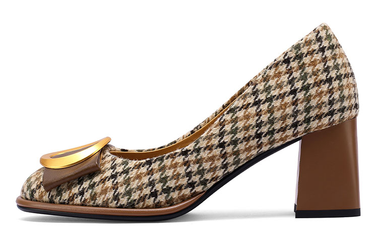 (W) Luiza Barcelos Houndstooth Buckle Round Toe Block Heels 'Brown'