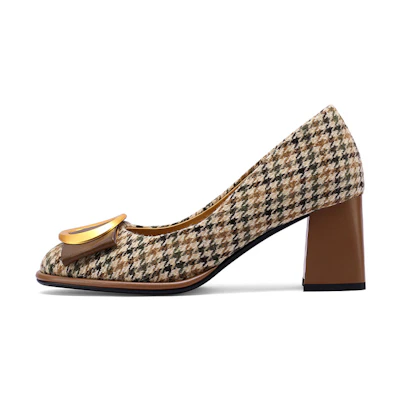 (W) Luiza Barcelos Houndstooth Buckle Round Toe Block Heels 'Brown'