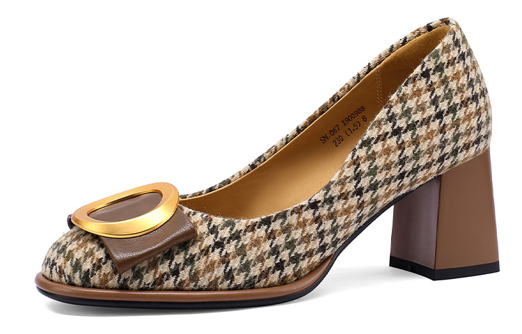 (W) Luiza Barcelos Houndstooth Buckle Round Toe Block Heels 'Brown' 圖 2