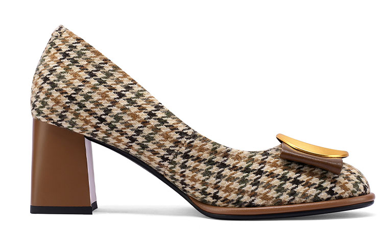 (W) Luiza Barcelos Houndstooth Buckle Round Toe Block Heels 'Brown' 圖 3