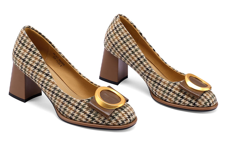 (W) Luiza Barcelos Houndstooth Buckle Round Toe Block Heels 'Brown' 圖 5