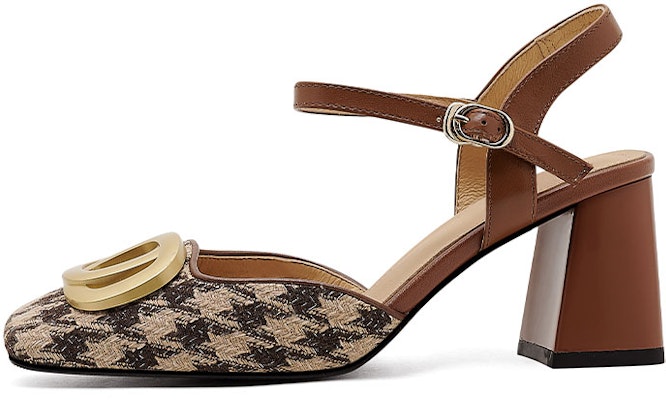 (Women) Luiza Barcelos Houndstooth Chunky Heel with Metal Buckle 'Brown' X901078 Buy (Women) Luiza Barcelos Houndstooth Chunky Heel with Metal Buckle 'Brown' X901078