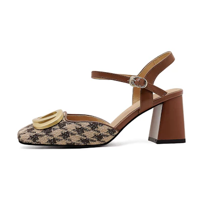 (W) Luiza Barcelos Houndstooth Chunky Heel with Metal Buckle 'Brown'