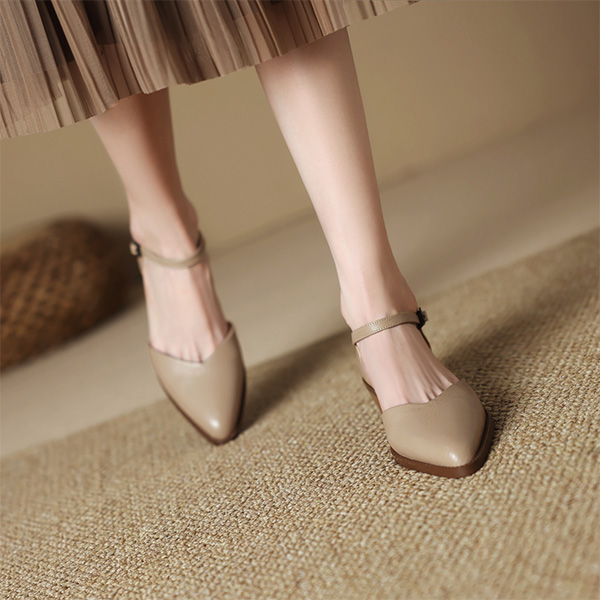 Order 皮 魯易莎巴塞羅斯 羊皮 簡約時尚尖頭 粗跟 高跟鞋 4cm 女款 杏色