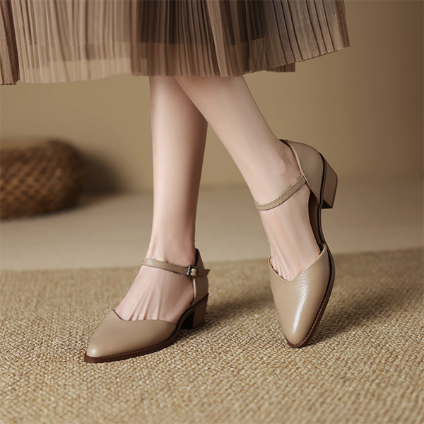 Lookbook 皮 魯易莎巴塞羅斯 羊皮 簡約時尚尖頭 粗跟 高跟鞋 4cm 女款 杏色