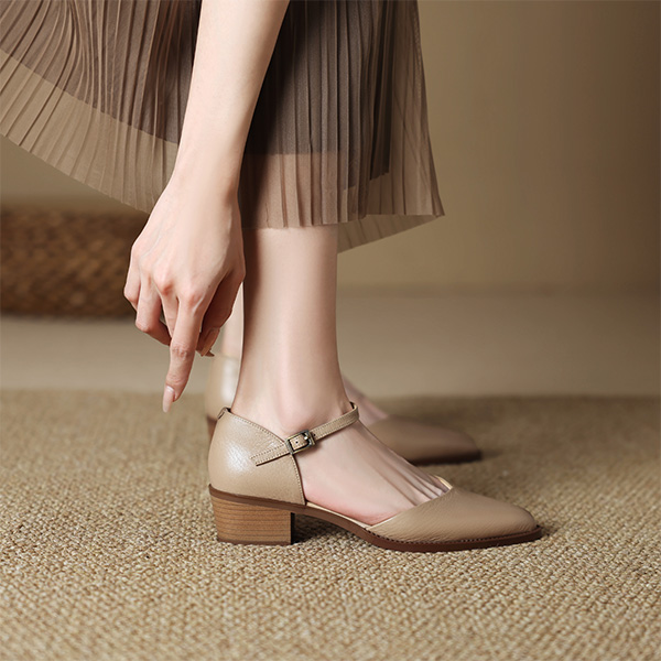 Shop 皮 魯易莎巴塞羅斯 羊皮 簡約時尚尖頭 粗跟 高跟鞋 4cm 女款 杏色