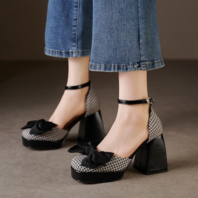 (Women) Luiza Barcelos Leather High Heels 'Colorful Elegant Bow Plaid' X901693 Purchase (Women) Luiza Barcelos Leather High Heels 'Colorful Elegant Bow Plaid' X901693