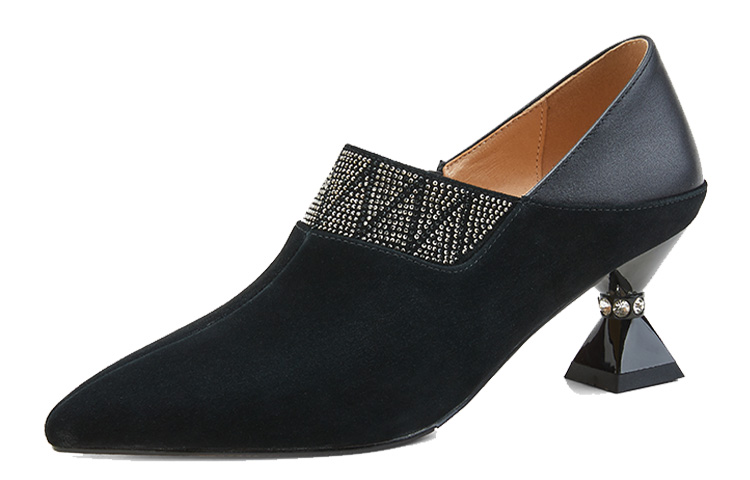 (W) Luiza Barcelos Leather Rhinestone 6cm High Heels 'Black' 'Fashion Cone Heel'