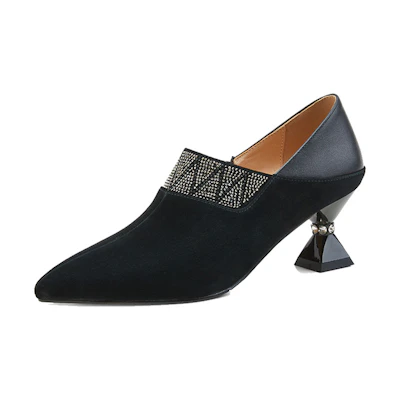 (W) Luiza Barcelos Leather Rhinestone 6cm High Heels 'Black' 'Fashion Cone Heel'
