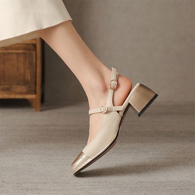 (Women) Luiza Barcelos Leather Round Toe Buckled Chunky Heel 'Beige Gold' XWP1SK0501 Order (Women) Luiza Barcelos Leather Round Toe Buckled Chunky Heel 'Beige Gold' XWP1SK0501