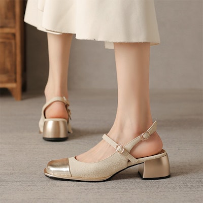 (Women) Luiza Barcelos Leather Round Toe Buckled Chunky Heel 'Beige Gold' XWP1SK0501 Shop (Women) Luiza Barcelos Leather Round Toe Buckled Chunky Heel 'Beige Gold' XWP1SK0501